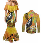 Australia Eucalyptus Flower And Magpie Couples Matching Mermaid Dress and Long Sleeve Button Shirt Aboriginal Art