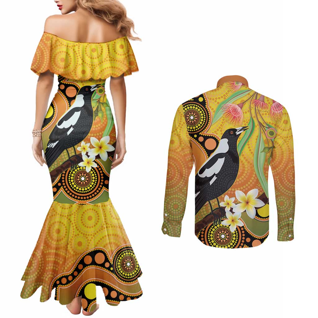 Australia Eucalyptus Flower And Magpie Couples Matching Mermaid Dress and Long Sleeve Button Shirt Aboriginal Art