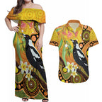 Australia Eucalyptus Flower And Magpie Couples Matching Off Shoulder Maxi Dress and Hawaiian Shirt Aboriginal Art