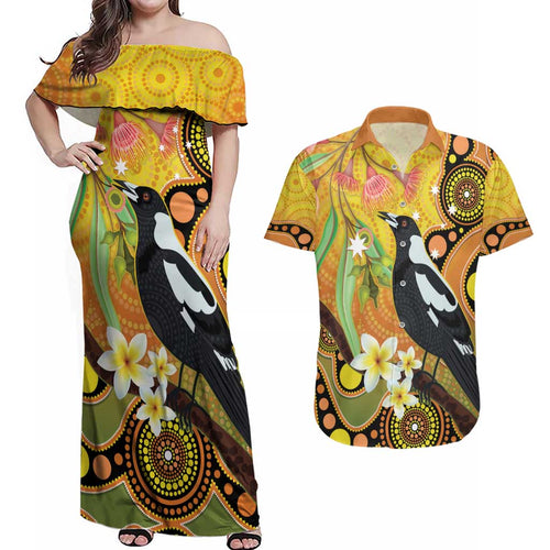 Australia Eucalyptus Flower And Magpie Couples Matching Off Shoulder Maxi Dress and Hawaiian Shirt Aboriginal Art