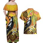 Australia Eucalyptus Flower And Magpie Couples Matching Off Shoulder Maxi Dress and Hawaiian Shirt Aboriginal Art