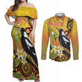 Australia Eucalyptus Flower And Magpie Couples Matching Off Shoulder Maxi Dress and Long Sleeve Button Shirt Aboriginal Art