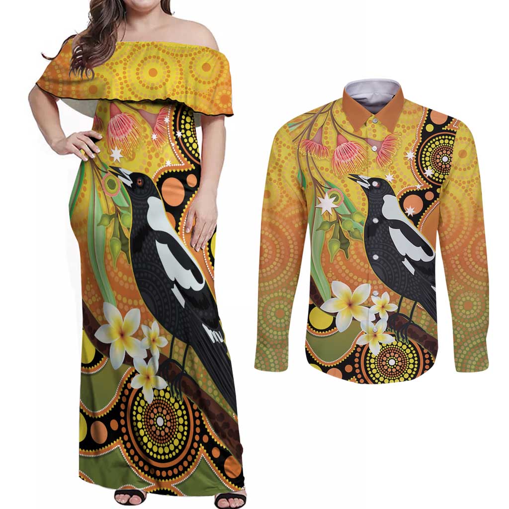 Australia Eucalyptus Flower And Magpie Couples Matching Off Shoulder Maxi Dress and Long Sleeve Button Shirt Aboriginal Art