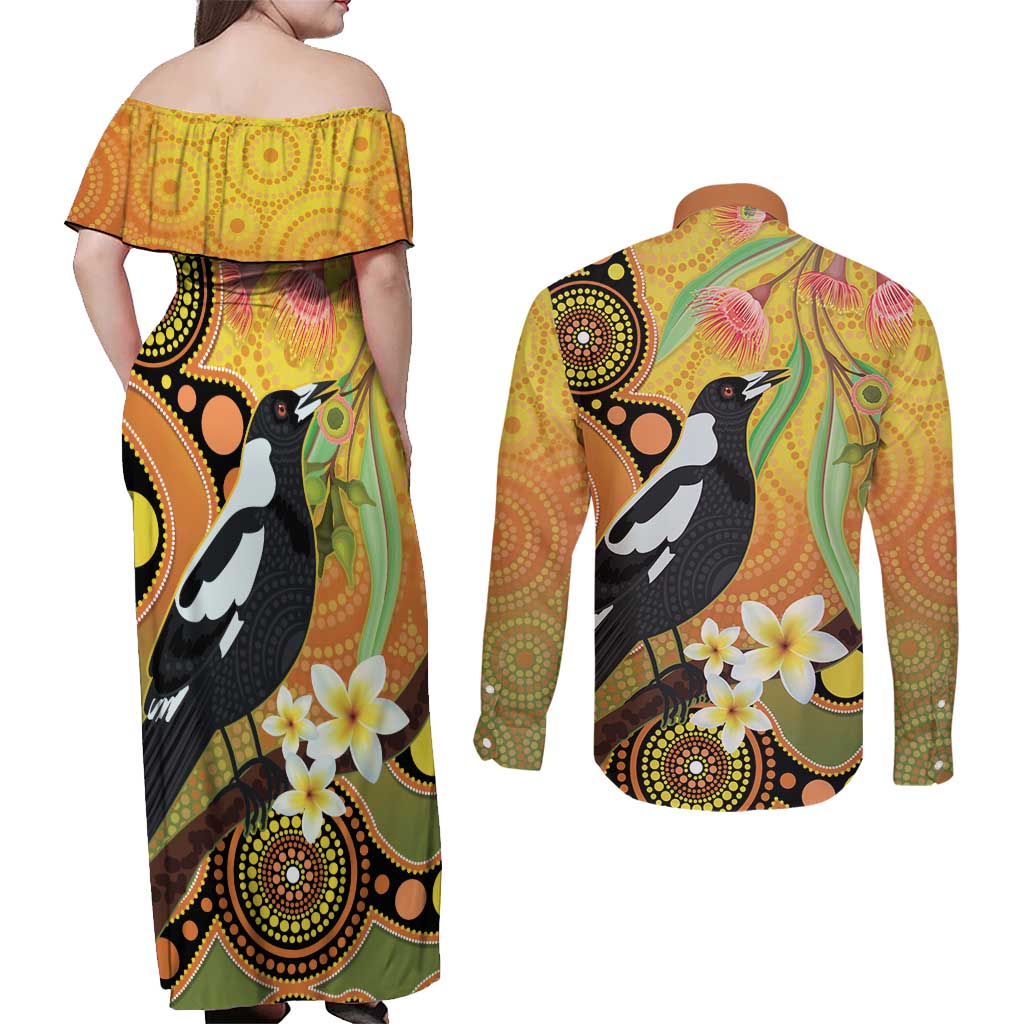 Australia Eucalyptus Flower And Magpie Couples Matching Off Shoulder Maxi Dress and Long Sleeve Button Shirt Aboriginal Art