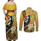 Australia Eucalyptus Flower And Magpie Couples Matching Off Shoulder Maxi Dress and Long Sleeve Button Shirt Aboriginal Art