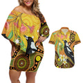Australia Eucalyptus Flower And Magpie Couples Matching Off Shoulder Short Dress and Hawaiian Shirt Aboriginal Art