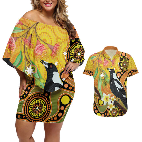 Australia Eucalyptus Flower And Magpie Couples Matching Off Shoulder Short Dress and Hawaiian Shirt Aboriginal Art