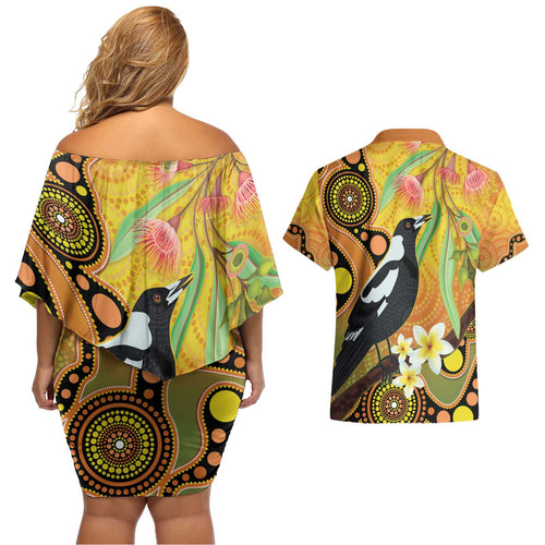 Australia Eucalyptus Flower And Magpie Couples Matching Off Shoulder Short Dress and Hawaiian Shirt Aboriginal Art