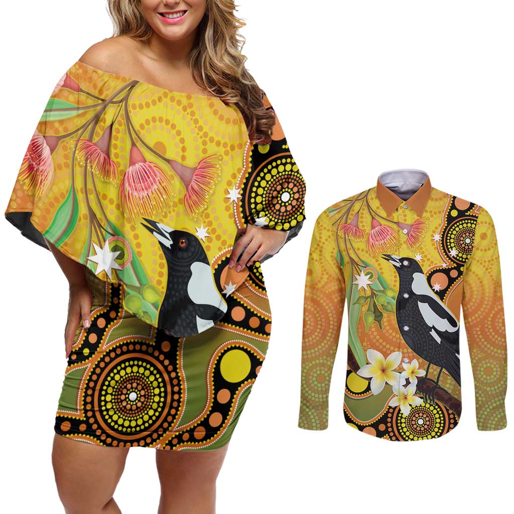 Australia Eucalyptus Flower And Magpie Couples Matching Off Shoulder Short Dress and Long Sleeve Button Shirt Aboriginal Art