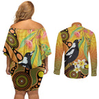Australia Eucalyptus Flower And Magpie Couples Matching Off Shoulder Short Dress and Long Sleeve Button Shirt Aboriginal Art
