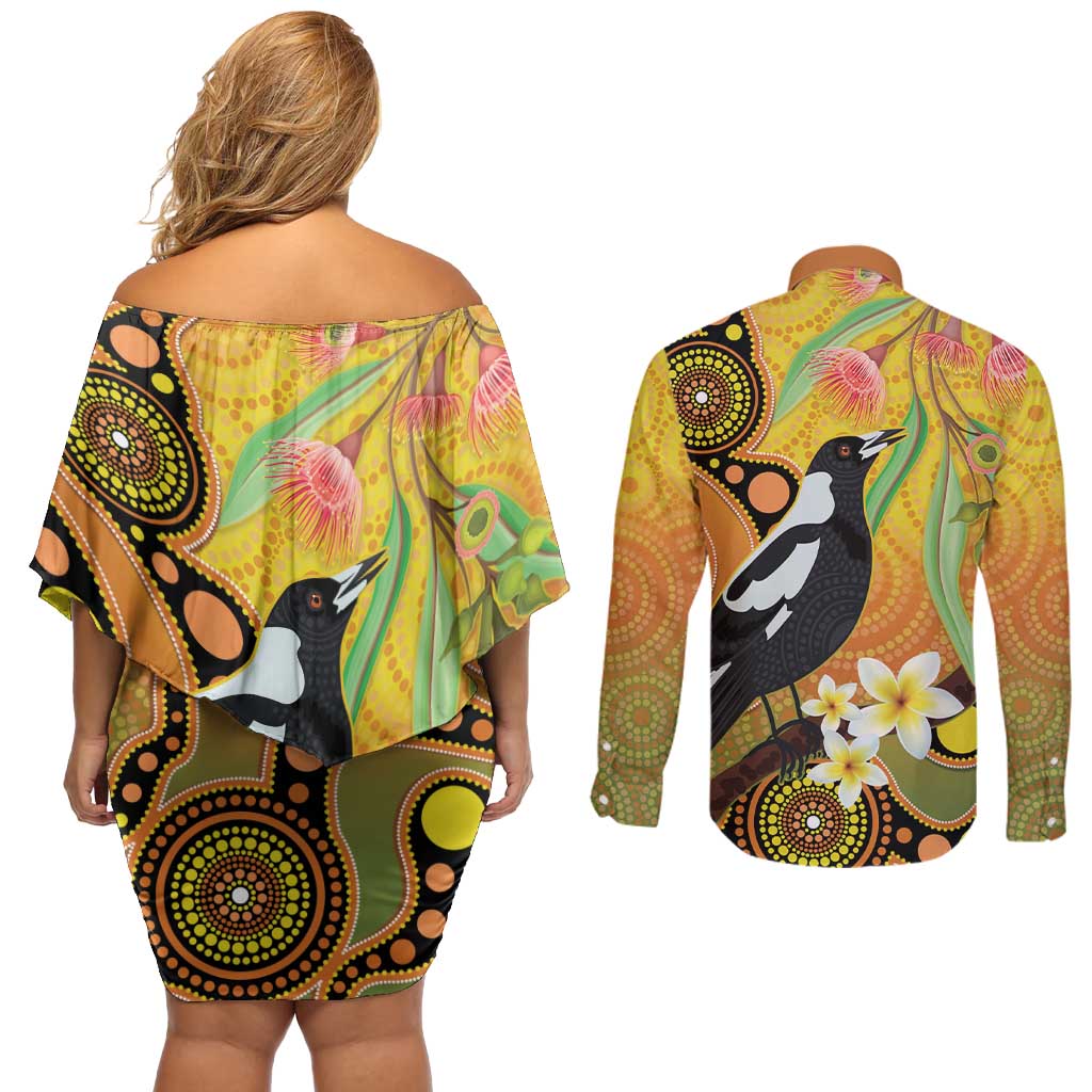 Australia Eucalyptus Flower And Magpie Couples Matching Off Shoulder Short Dress and Long Sleeve Button Shirt Aboriginal Art