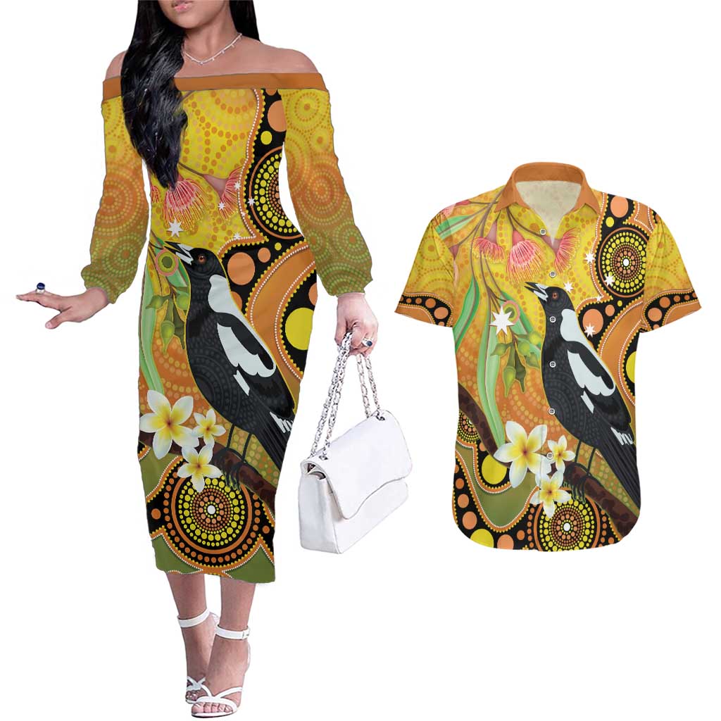 Australia Eucalyptus Flower And Magpie Couples Matching Off The Shoulder Long Sleeve Dress and Hawaiian Shirt Aboriginal Art
