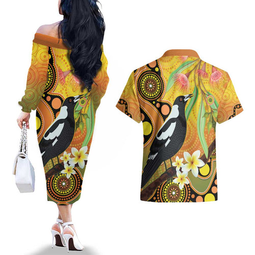 Australia Eucalyptus Flower And Magpie Couples Matching Off The Shoulder Long Sleeve Dress and Hawaiian Shirt Aboriginal Art