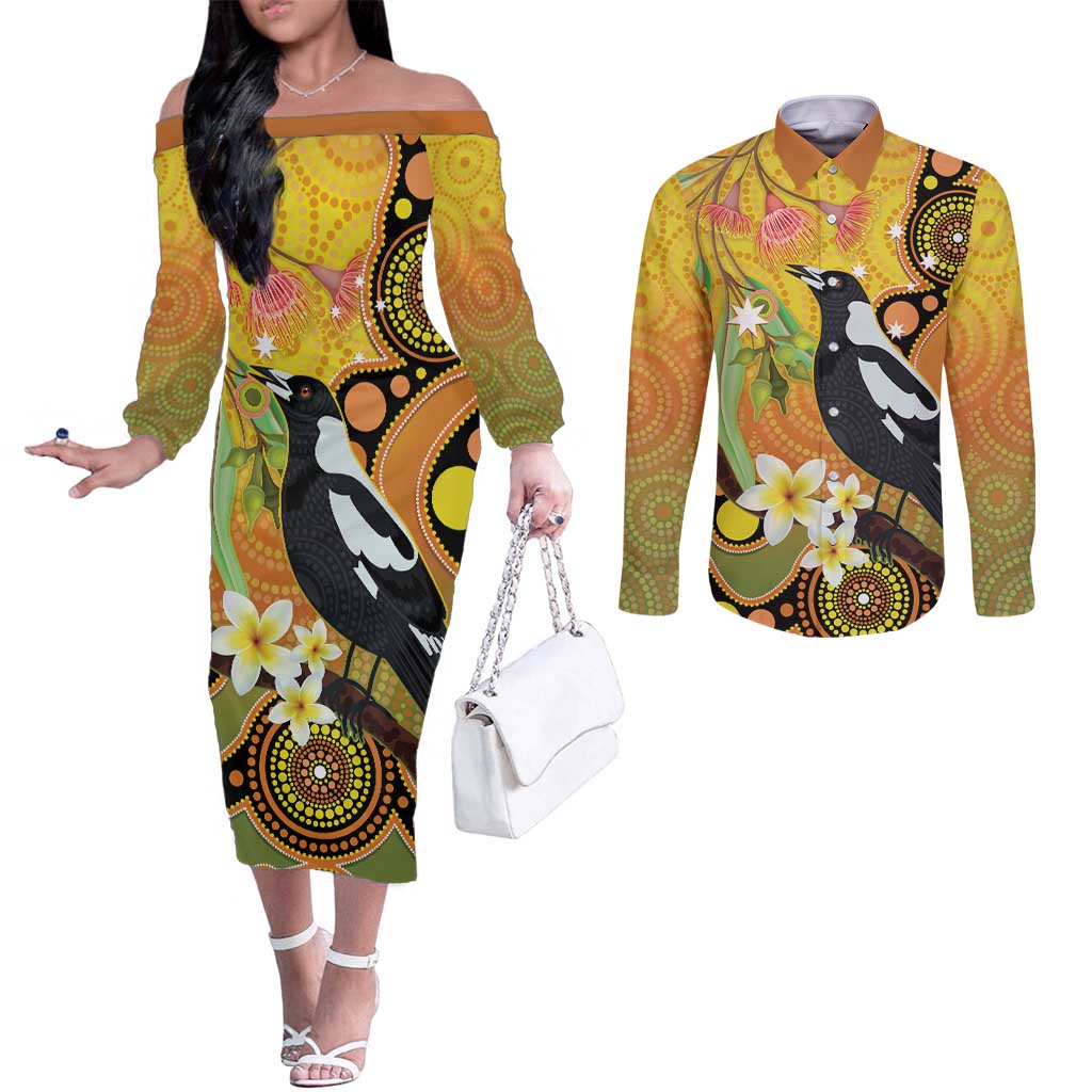 Australia Eucalyptus Flower And Magpie Couples Matching Off The Shoulder Long Sleeve Dress and Long Sleeve Button Shirt Aboriginal Art