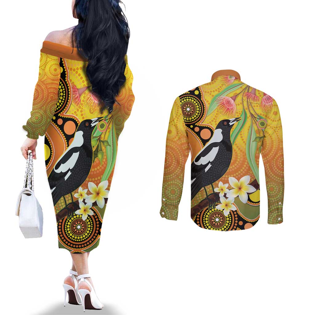 Australia Eucalyptus Flower And Magpie Couples Matching Off The Shoulder Long Sleeve Dress and Long Sleeve Button Shirt Aboriginal Art