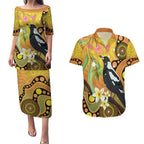 Australia Eucalyptus Flower And Magpie Couples Matching Puletasi and Hawaiian Shirt Aboriginal Art