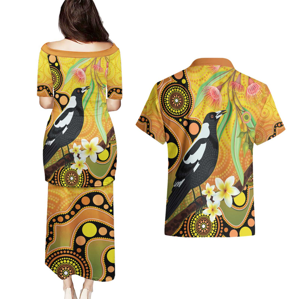 Australia Eucalyptus Flower And Magpie Couples Matching Puletasi and Hawaiian Shirt Aboriginal Art