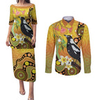 Australia Eucalyptus Flower And Magpie Couples Matching Puletasi and Long Sleeve Button Shirt Aboriginal Art