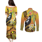 Australia Eucalyptus Flower And Magpie Couples Matching Puletasi and Long Sleeve Button Shirt Aboriginal Art