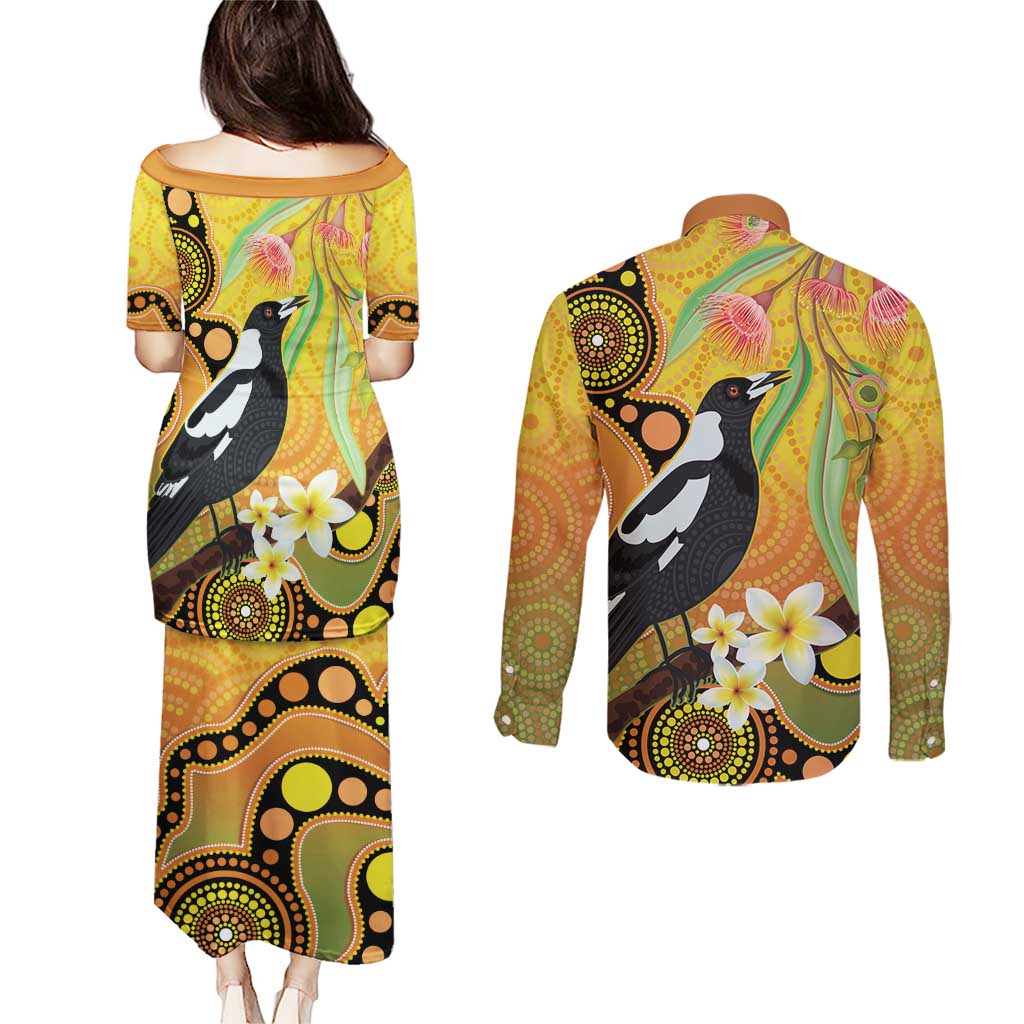 Australia Eucalyptus Flower And Magpie Couples Matching Puletasi and Long Sleeve Button Shirt Aboriginal Art