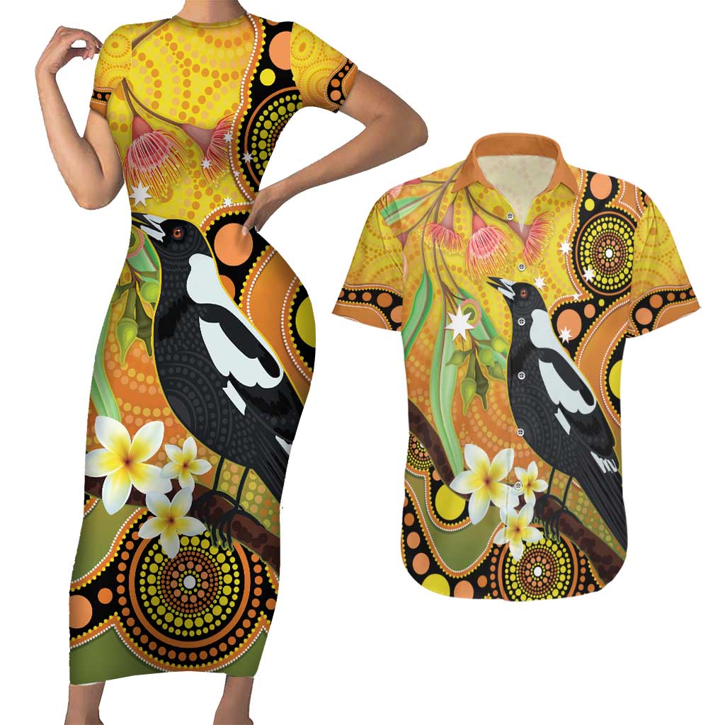 Australia Eucalyptus Flower And Magpie Couples Matching Short Sleeve Bodycon Dress and Hawaiian Shirt Aboriginal Art