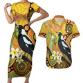 Australia Eucalyptus Flower And Magpie Couples Matching Short Sleeve Bodycon Dress and Hawaiian Shirt Aboriginal Art