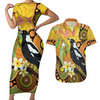 Australia Eucalyptus Flower And Magpie Couples Matching Short Sleeve Bodycon Dress and Hawaiian Shirt Aboriginal Art