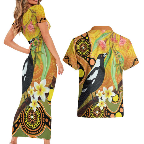 Australia Eucalyptus Flower And Magpie Couples Matching Short Sleeve Bodycon Dress and Hawaiian Shirt Aboriginal Art