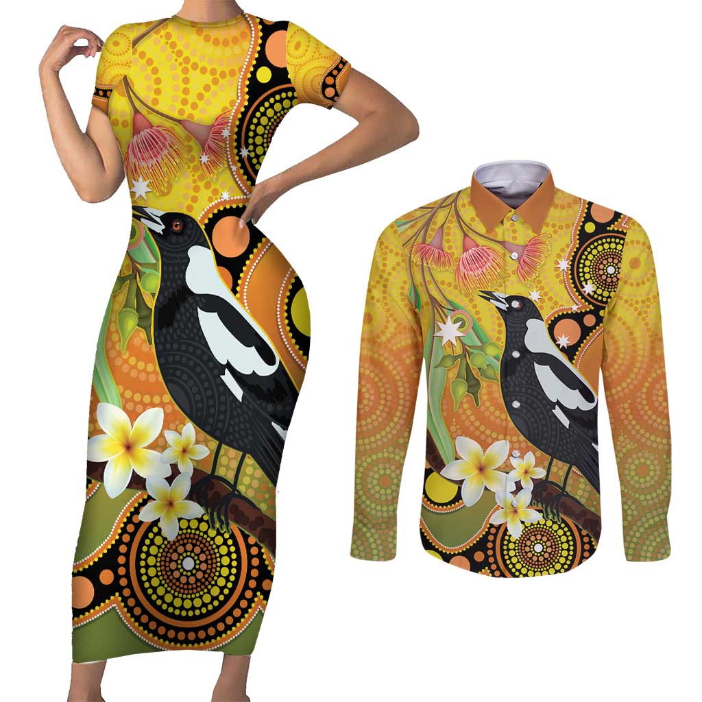 Australia Eucalyptus Flower And Magpie Couples Matching Short Sleeve Bodycon Dress and Long Sleeve Button Shirt Aboriginal Art