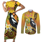 Australia Eucalyptus Flower And Magpie Couples Matching Short Sleeve Bodycon Dress and Long Sleeve Button Shirt Aboriginal Art