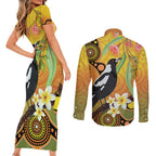 Australia Eucalyptus Flower And Magpie Couples Matching Short Sleeve Bodycon Dress and Long Sleeve Button Shirt Aboriginal Art