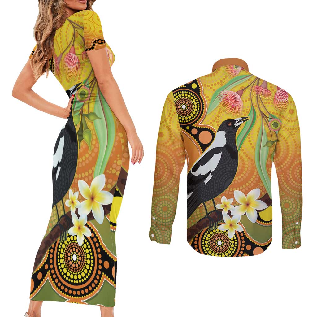 Australia Eucalyptus Flower And Magpie Couples Matching Short Sleeve Bodycon Dress and Long Sleeve Button Shirt Aboriginal Art