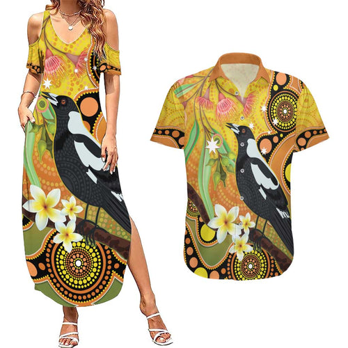 Australia Eucalyptus Flower And Magpie Couples Matching Summer Maxi Dress and Hawaiian Shirt Aboriginal Art