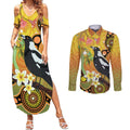 Australia Eucalyptus Flower And Magpie Couples Matching Summer Maxi Dress and Long Sleeve Button Shirt Aboriginal Art