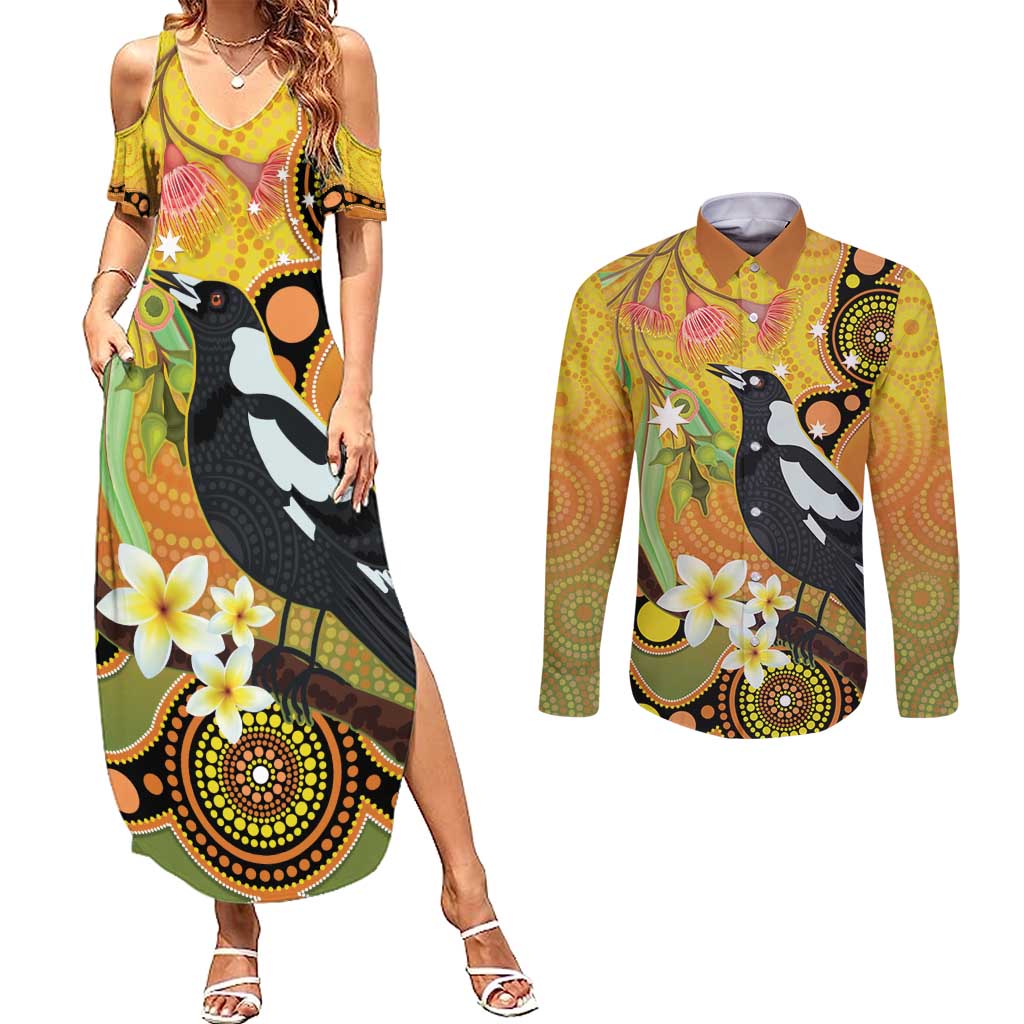 Australia Eucalyptus Flower And Magpie Couples Matching Summer Maxi Dress and Long Sleeve Button Shirt Aboriginal Art
