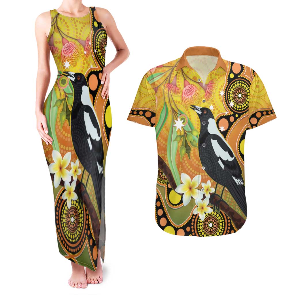 Australia Eucalyptus Flower And Magpie Couples Matching Tank Maxi Dress and Hawaiian Shirt Aboriginal Art