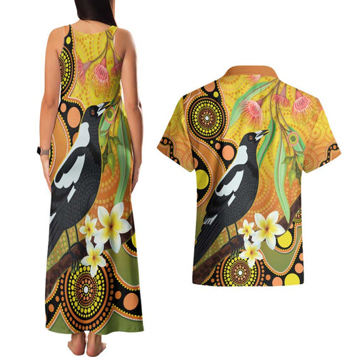 Australia Eucalyptus Flower And Magpie Couples Matching Tank Maxi Dress and Hawaiian Shirt Aboriginal Art