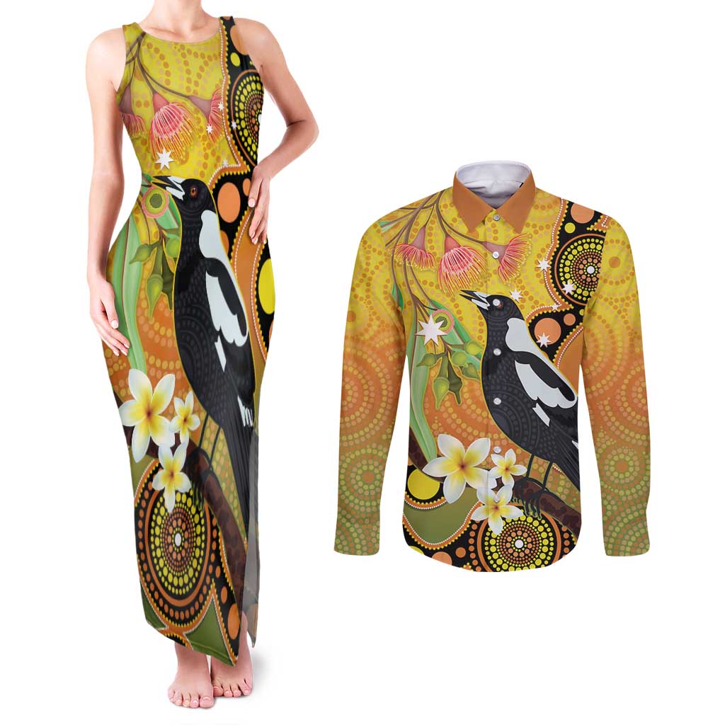 Australia Eucalyptus Flower And Magpie Couples Matching Tank Maxi Dress and Long Sleeve Button Shirt Aboriginal Art