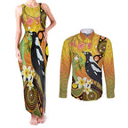 Australia Eucalyptus Flower And Magpie Couples Matching Tank Maxi Dress and Long Sleeve Button Shirt Aboriginal Art