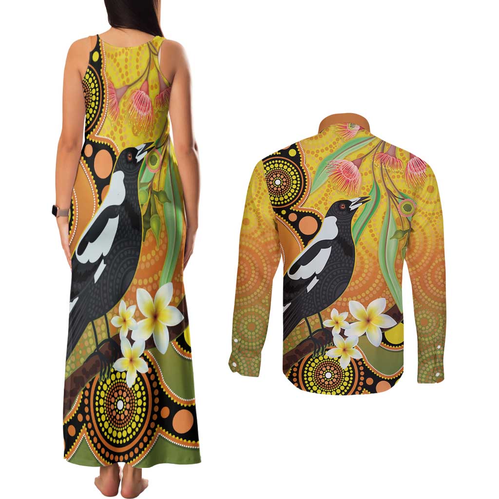 Australia Eucalyptus Flower And Magpie Couples Matching Tank Maxi Dress and Long Sleeve Button Shirt Aboriginal Art