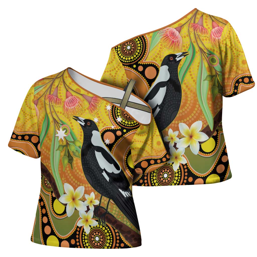 Australia Eucalyptus Flower And Magpie Cross Shoulder Shirt Aboriginal Art - Aussie Hoodie