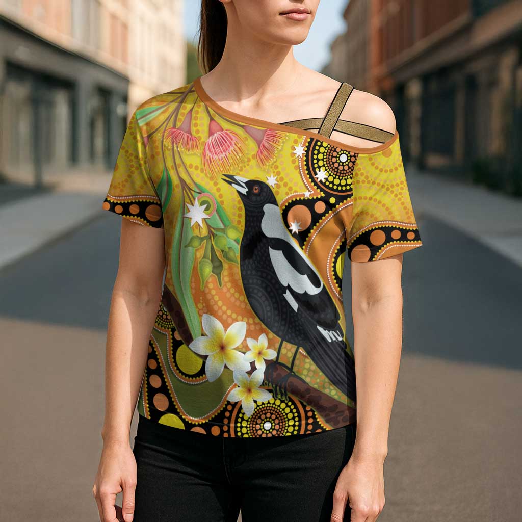 Australia Eucalyptus Flower And Magpie Cross Shoulder Shirt Aboriginal Art - Aussie Hoodie