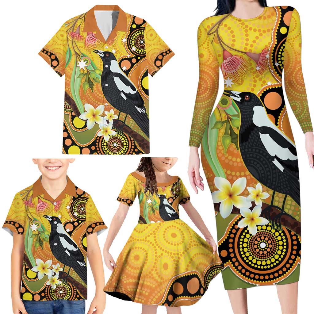 Australia Eucalyptus Flower And Magpie Family Matching Long Sleeve Bodycon Dress and Hawaiian Shirt Aboriginal Art