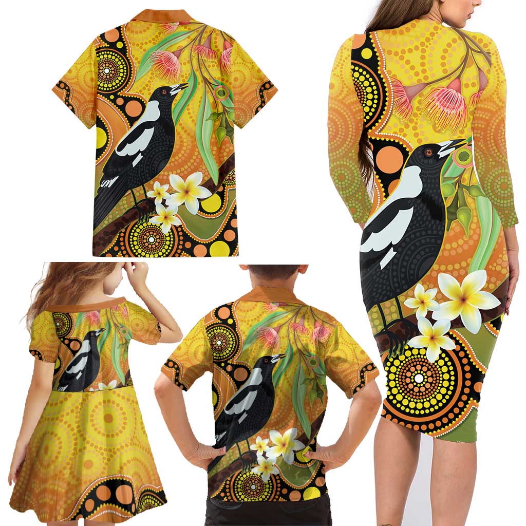 Australia Eucalyptus Flower And Magpie Family Matching Long Sleeve Bodycon Dress and Hawaiian Shirt Aboriginal Art