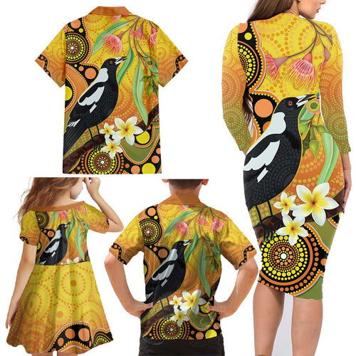 Australia Eucalyptus Flower And Magpie Family Matching Long Sleeve Bodycon Dress and Hawaiian Shirt Aboriginal Art