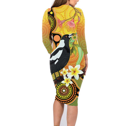 Australia Eucalyptus Flower And Magpie Family Matching Long Sleeve Bodycon Dress and Hawaiian Shirt Aboriginal Art