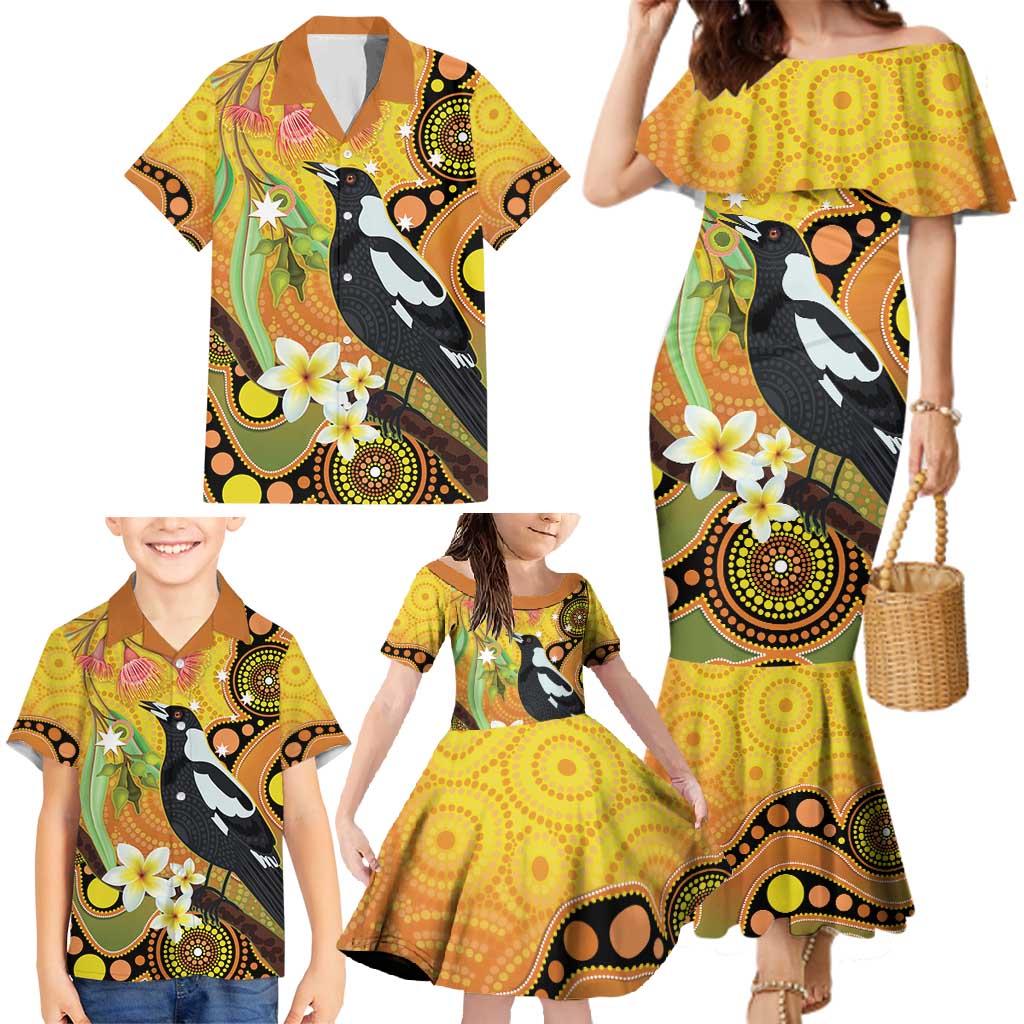 Australia Eucalyptus Flower And Magpie Family Matching Mermaid Dress and Hawaiian Shirt Aboriginal Art
