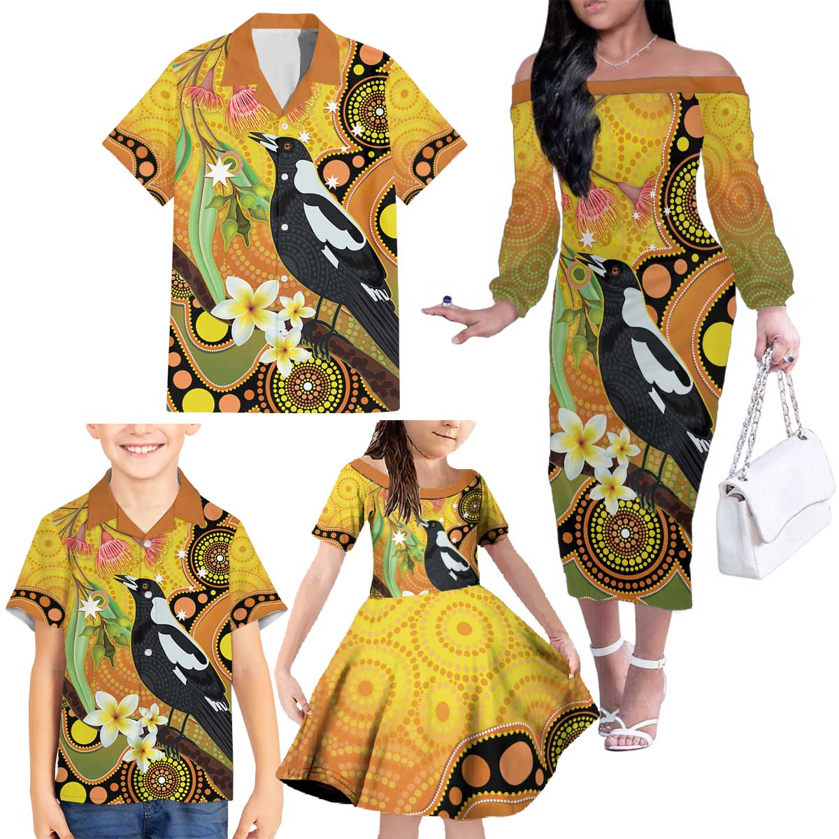 Australia Eucalyptus Flower And Magpie Family Matching Off The Shoulder Long Sleeve Dress and Hawaiian Shirt Aboriginal Art