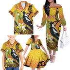 Australia Eucalyptus Flower And Magpie Family Matching Off The Shoulder Long Sleeve Dress and Hawaiian Shirt Aboriginal Art