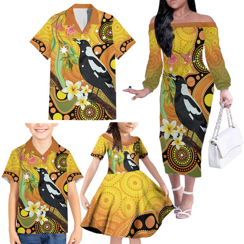 Australia Eucalyptus Flower And Magpie Family Matching Off The Shoulder Long Sleeve Dress and Hawaiian Shirt Aboriginal Art